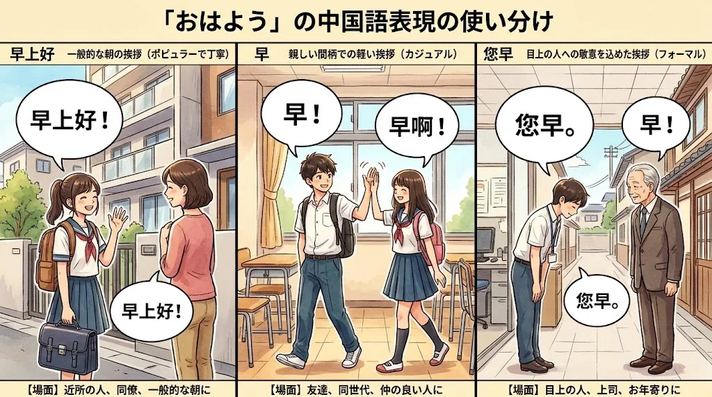 「早上好」「早」「您早」の使い方を比較したイラスト