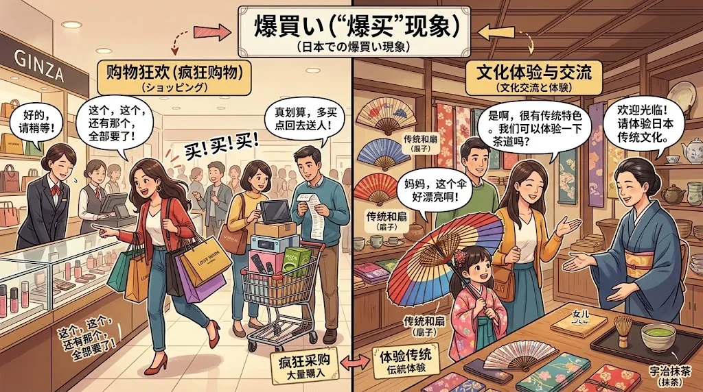 高級店で買い物を楽しむ中国人観光客の対比イラスト