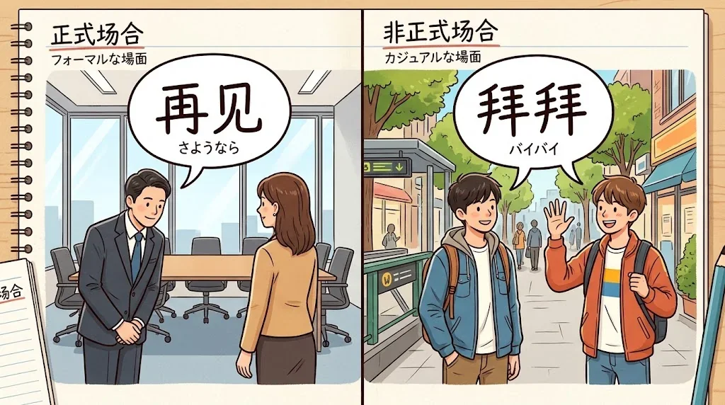 フォーマルとカジュアルな別れの挨拶を対比したイラスト