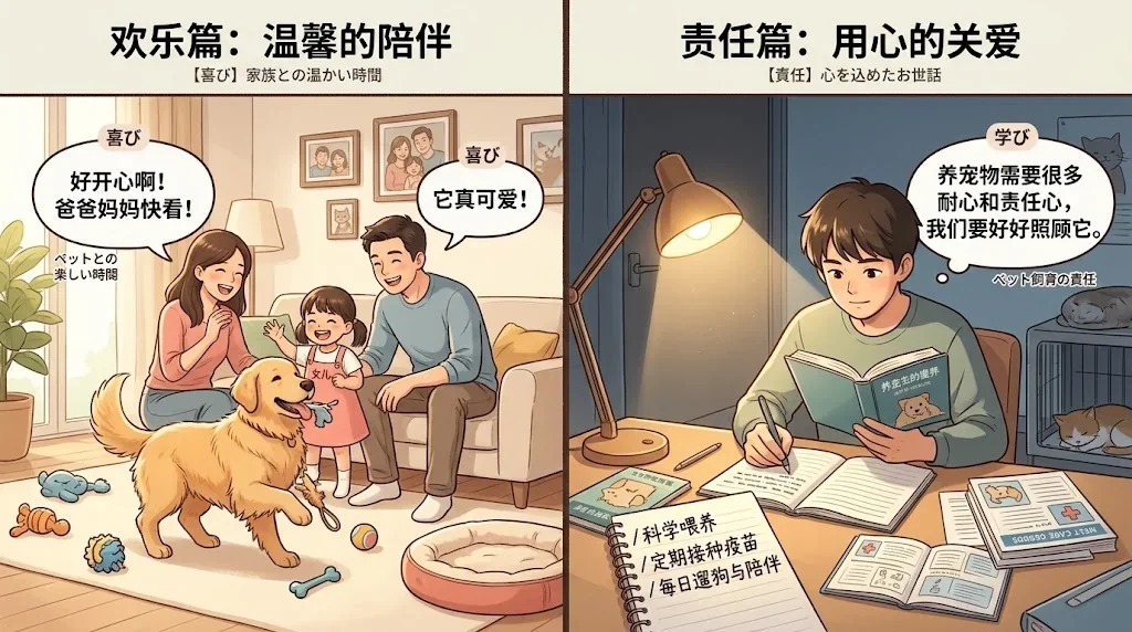 ペットを飼う喜びと責任を対比したイラスト