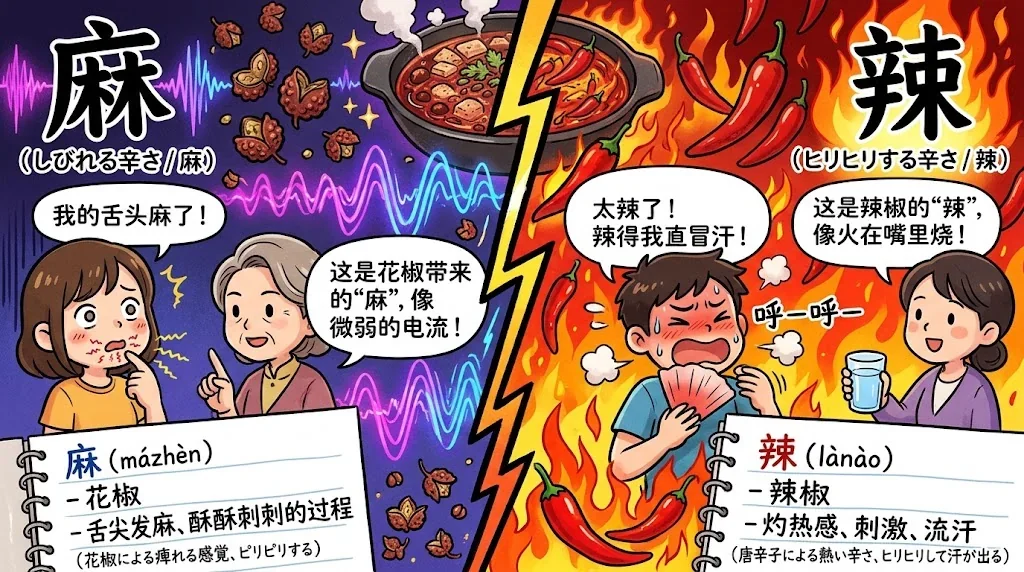 「麻」と「辣」の違いを示す対比イラスト。