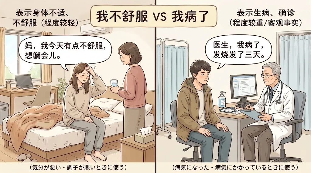症状を伝える際のフレーズの使い分けを示すイラスト