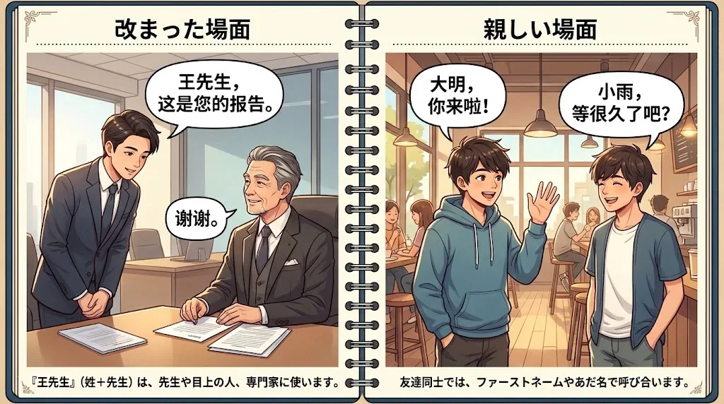 フォーマルな場面とカジュアルな場面での呼び方の対比イラスト