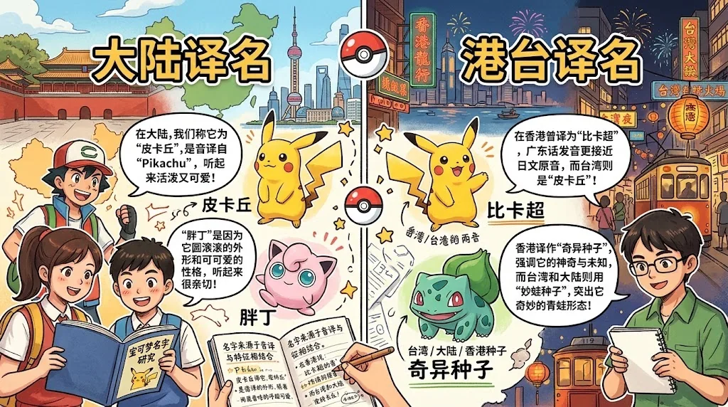 各地域のポケモン名とその意味を比較するイラスト