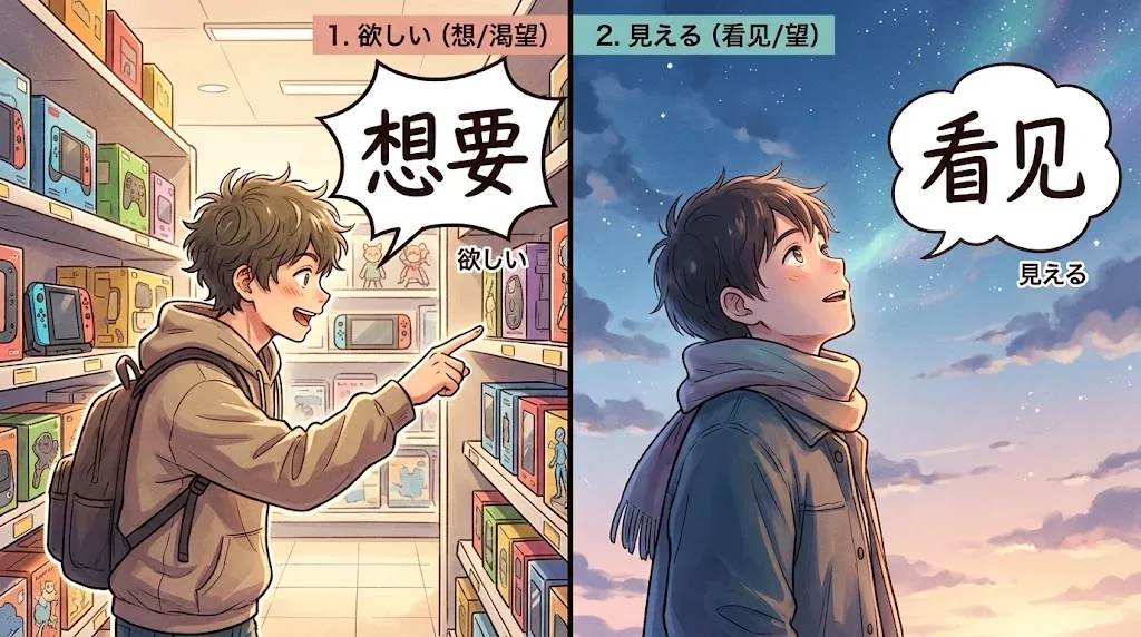 店内で欲しい物を指差す人と空を見上げる人の対比イラスト