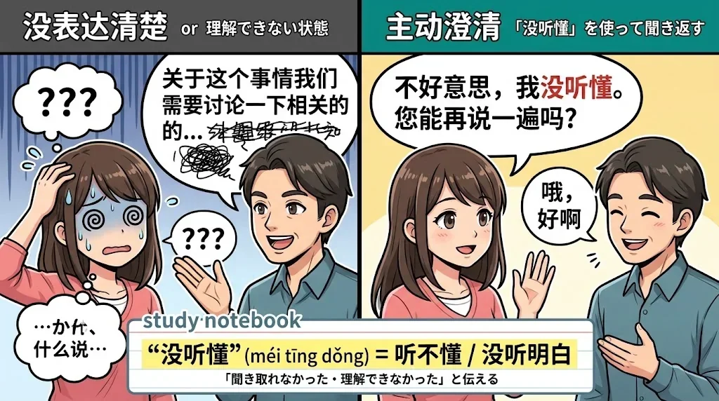 友人との会話で「听不懂」を使うシーンの対比イラスト