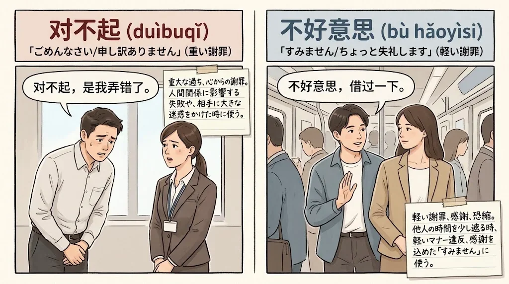 謝罪表現のニュアンスを比較したイラスト