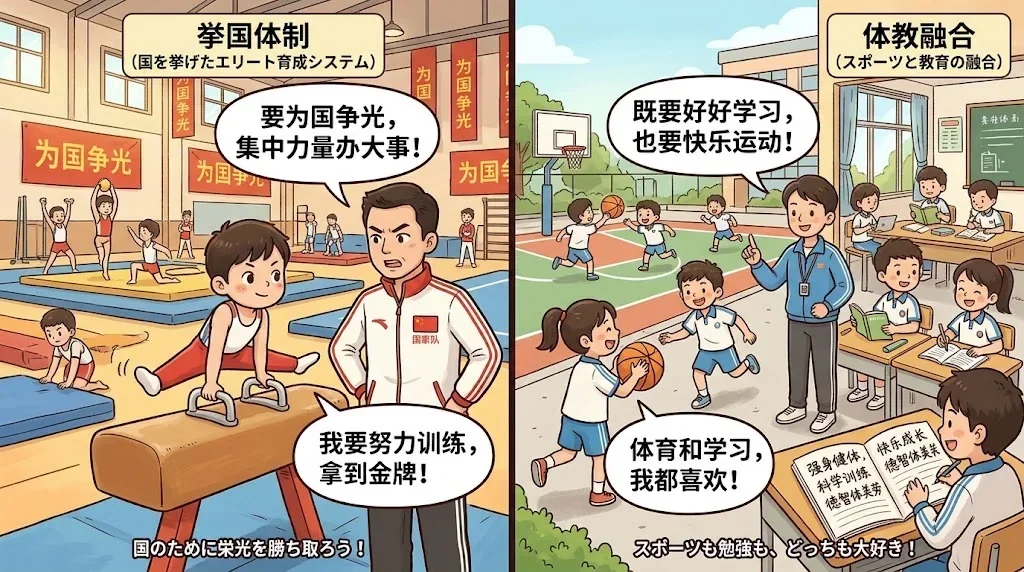挙国体制と体教融合の概念を対比したイラスト