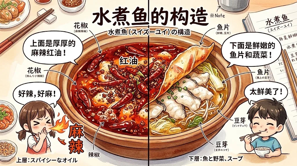 水煮魚の二層構造を対比したイラスト