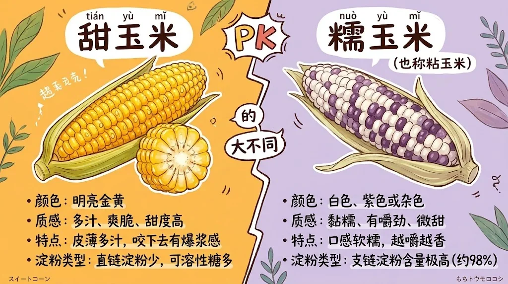 甜玉米と糯玉米の特徴を比較したイラスト