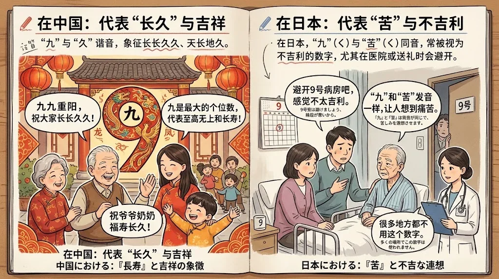 日本と中国の「9」に対する文化的な対比イラスト