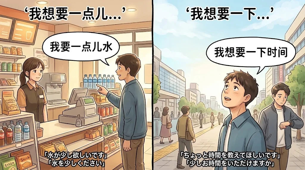 店内で欲しいものを指差す人と空を見上げる人の対比イラスト