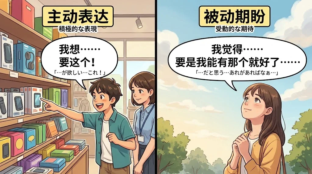 店内で欲しいものを指差す人と空を見上げる人の対比イラスト