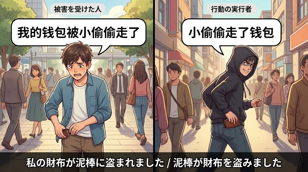 受け手と動作主の対比を示したイラスト