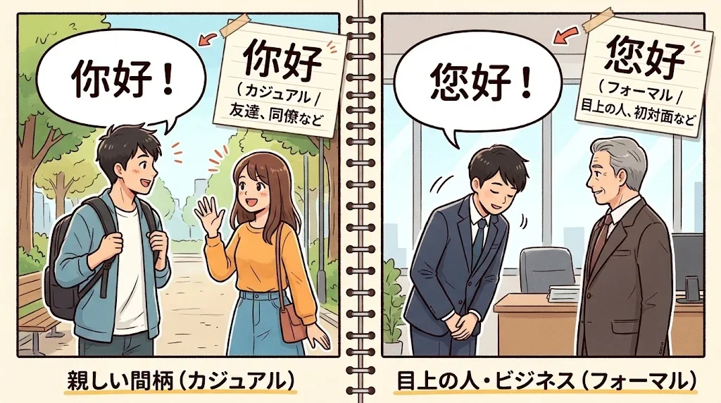 カジュアルな場面での「你好」とフォーマルな「您好」の使い分けを示したイラスト