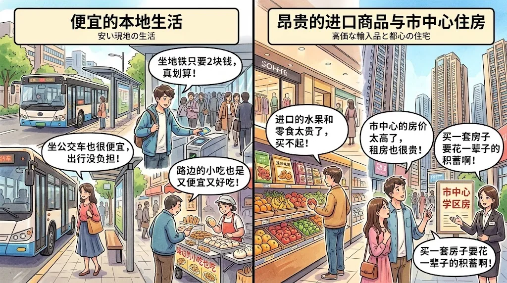 公共交通と輸入品の価格差を示す対比イラスト