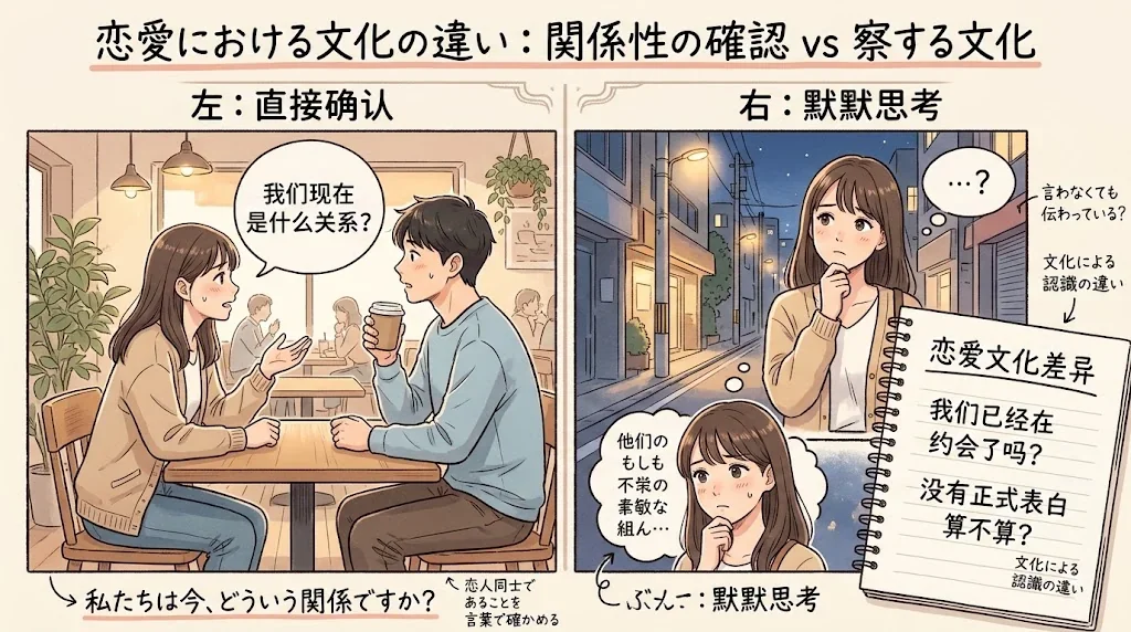 デートの関係を確認する二人の対比イラスト