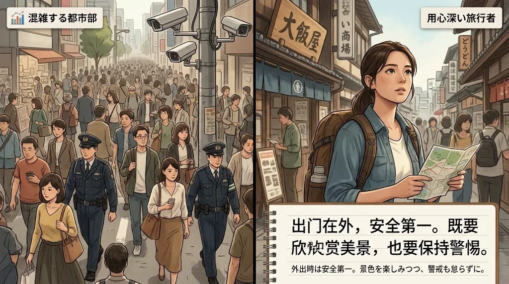 警察や監視カメラが見える繁華街で注意深く観光する旅行者の対比イラスト