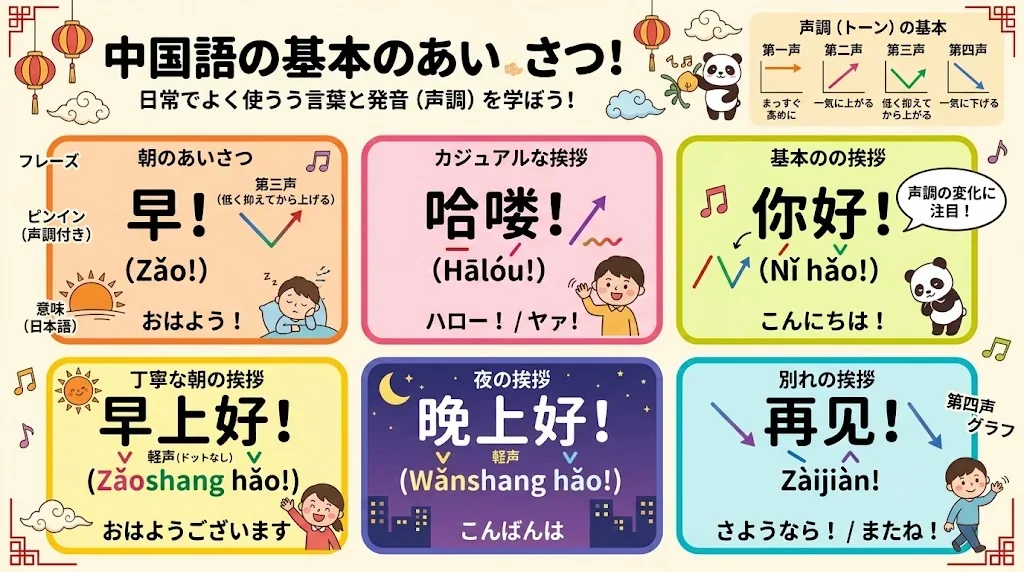 日常会話の挨拶構造を図解したインフォグラフィック
