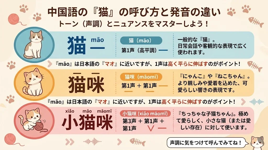 猫関連の表現と声調の違いを図解したインフォグラフィック