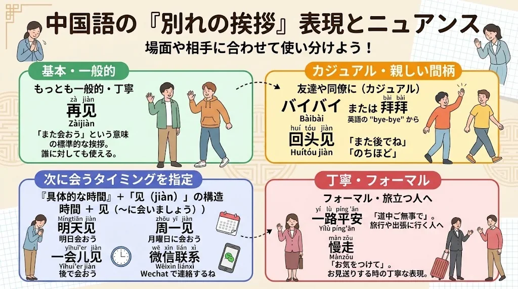 中国語の別れの挨拶の構造を図解したインフォグラフィック