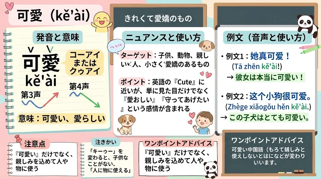 「可爱」の発音やニュアンスを図解したインフォグラフィック。