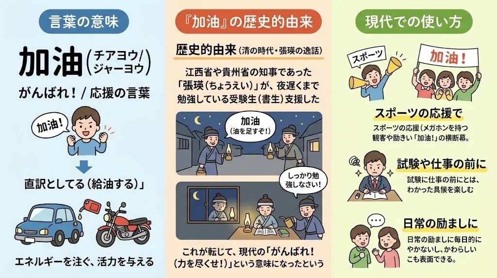 「加油」の意味と語源を図解したインフォグラフィック