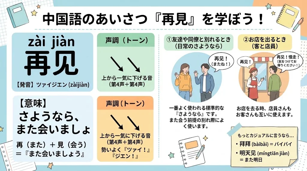 「再见」の意味と発音を解説したインフォグラフィック