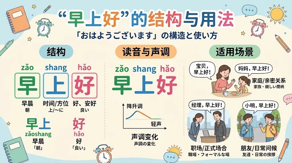「早上好」の構造や発音を示す図解