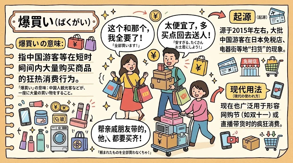 「爆買い」の意味や語源を図解したインフォグラフィック