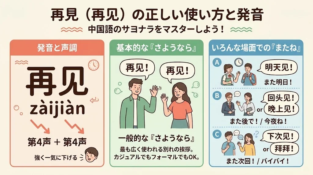 「再见」の発音と使用場面を説明したインフォグラフィック