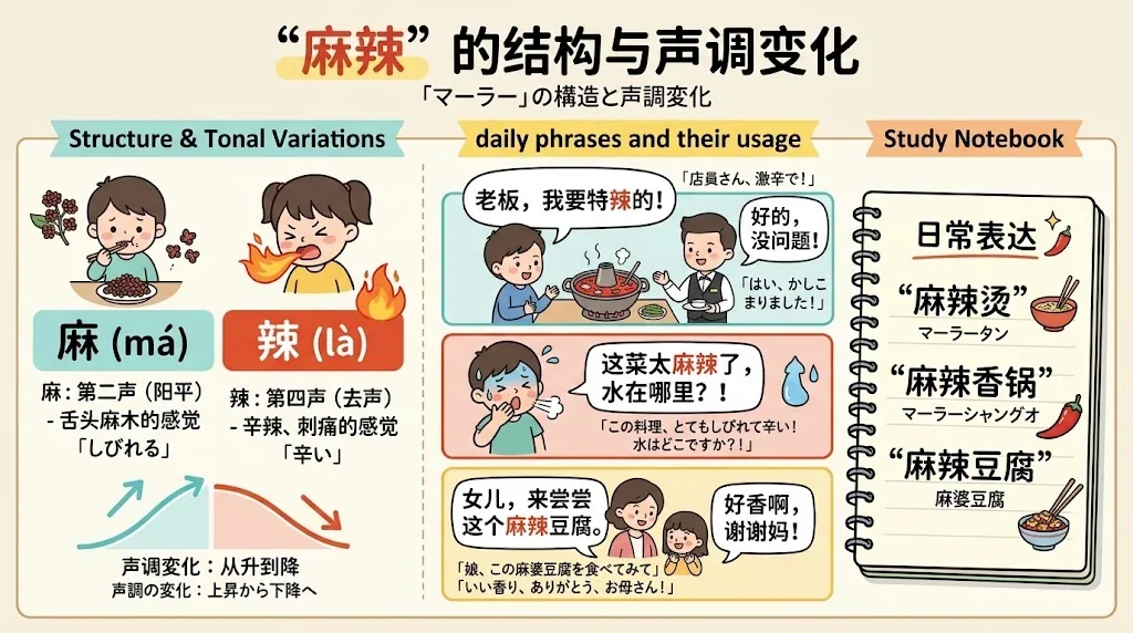 麻辣の構造や声調を図解したインフォグラフィック。