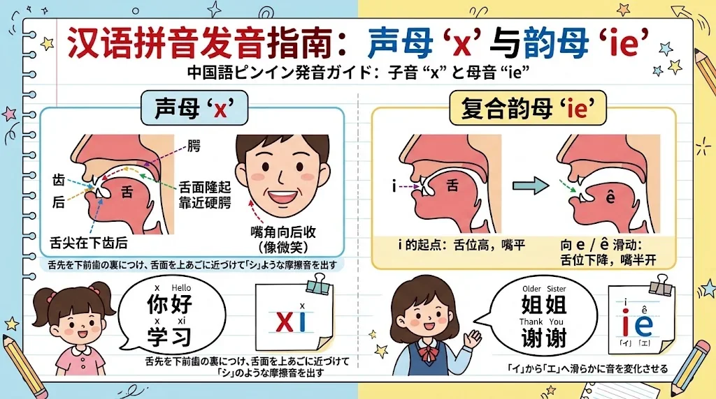 子音「x」と母音「ie」の発音を図解したインフォグラフィック