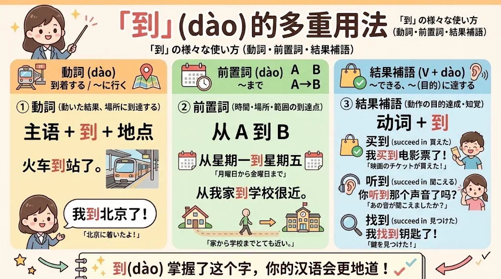 「到」の使い方を色分けで示した教育インフォグラフィック