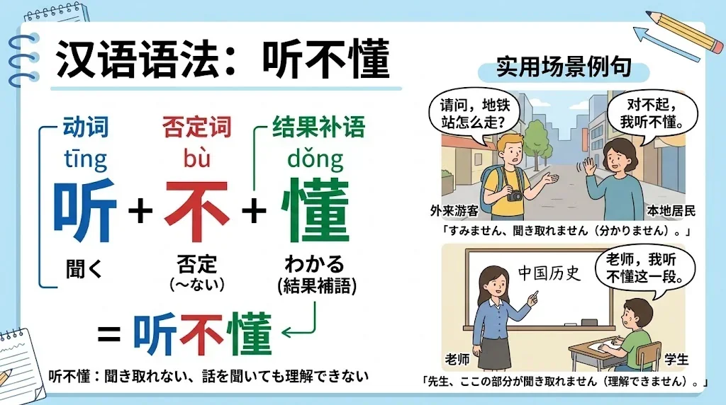 「听不懂」の文法構造を解説したインフォグラフィック