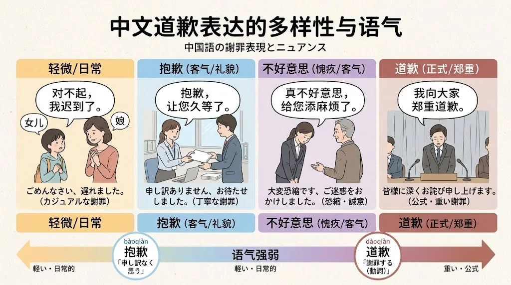 謝罪フレーズの構造と声調の図解
