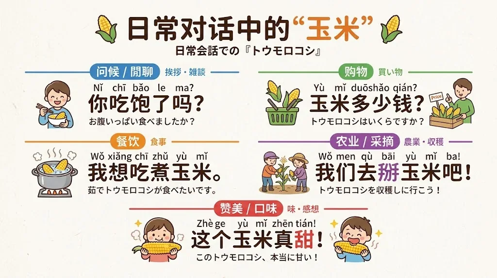 日常会話で使うトウモロコシ関連のフレーズを図解