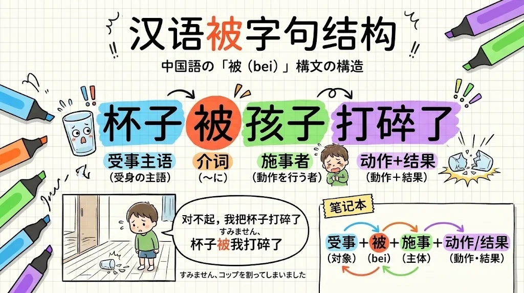 受身文の構造を色分けで解説したインフォグラフィック