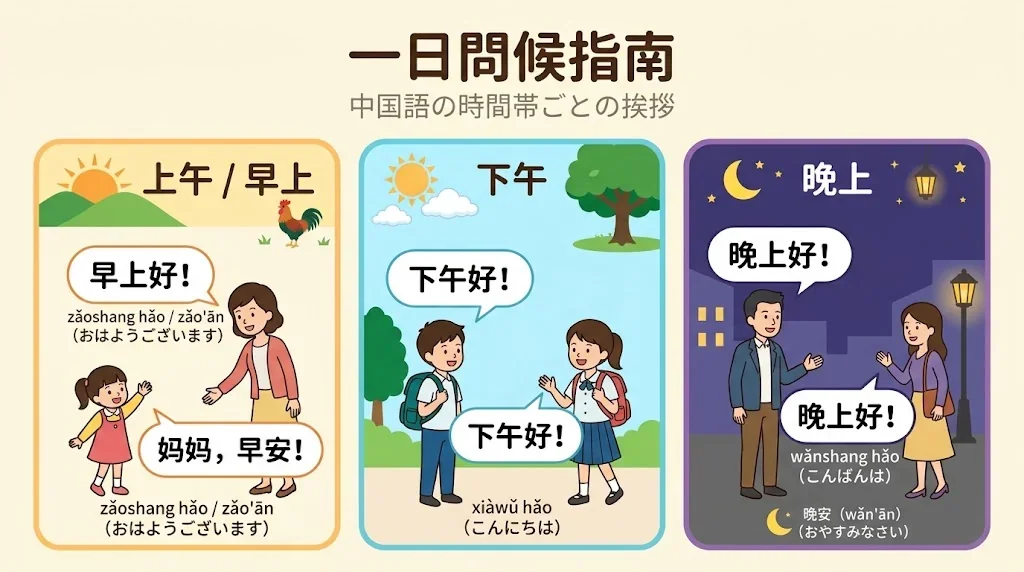 朝・昼・夜の挨拶を色分けした教育的なインフォグラフィック
