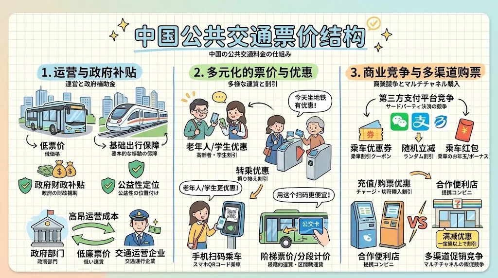 公共交通の料金体系と競争を図解したインフォグラフィック