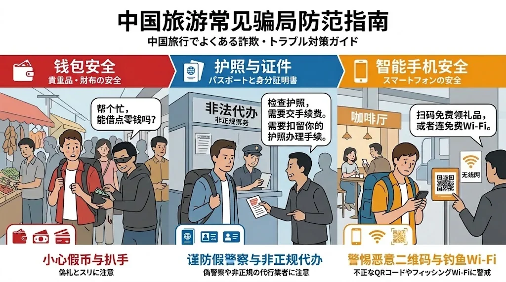 旅行者が直面するスリや詐欺の危険を示す色分けされたインフォグラフィック