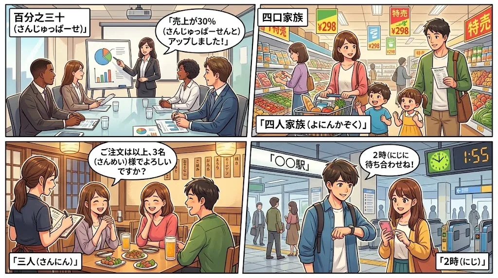 ビジネスや日常での数字使用を示す4パネルのコラージュ画像