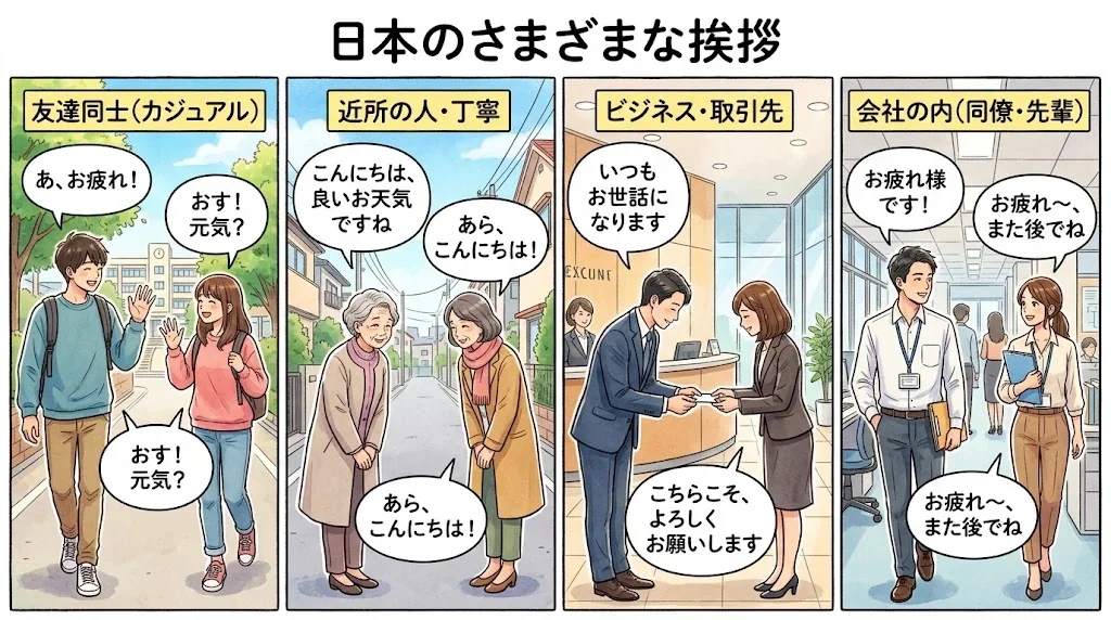 様々なシーンでの挨拶を示すコラージュ画像