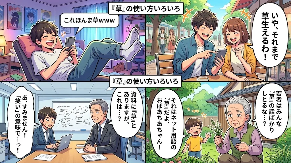 様々な場面での「草」の使い方を示すコラージュ画像