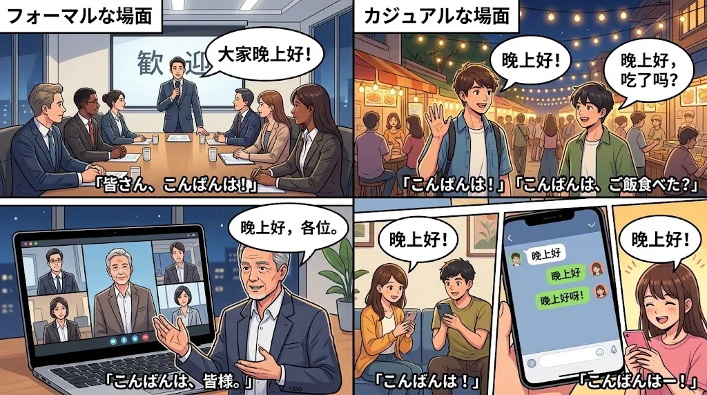 フォーマルとカジュアルな場面での挨拶シーンを示したコラージュ画像