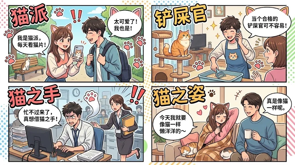 様々な場面で使う猫表現を示したコラージュ画像