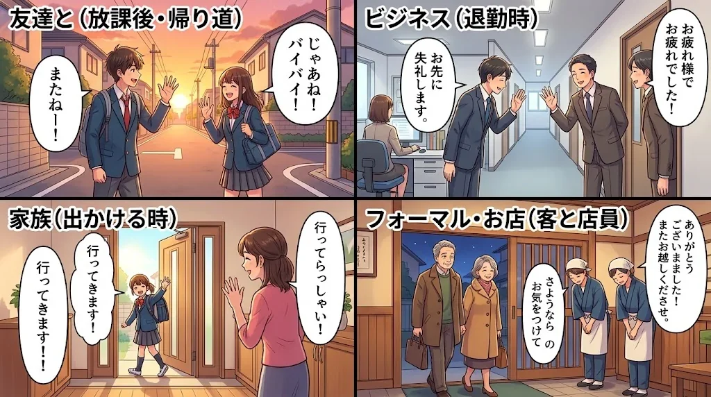 様々な場面で使う別れの挨拶を示すコラージュ画像