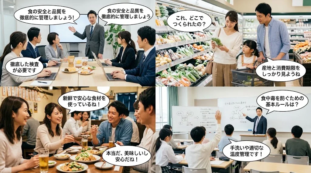ビジネス会議や家庭での買い物、友人との食事のシーンを描いたコラージュ画像