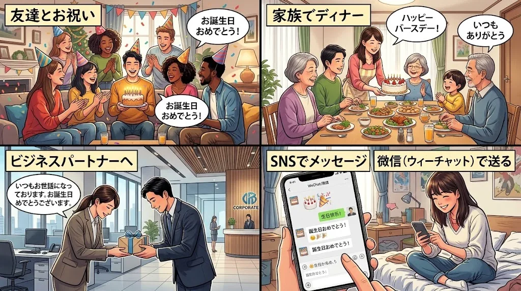 さまざまな誕生日の場面を示すコラージュ画像