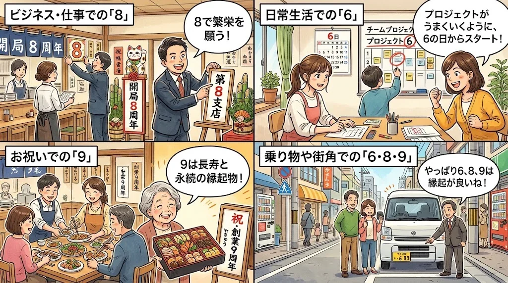 日常生活でのラッキーナンバー使用シーンのコラージュ